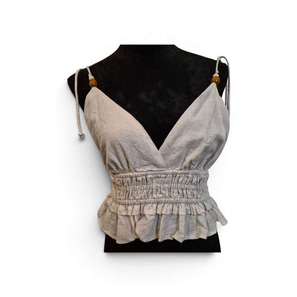 Sim & Sam M Halter Top Coquette Cotton Linen Ruffle Beaded Top